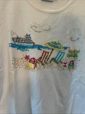 Quaker Factory White Sequin Beach Scene 3/4 Sleeve Top